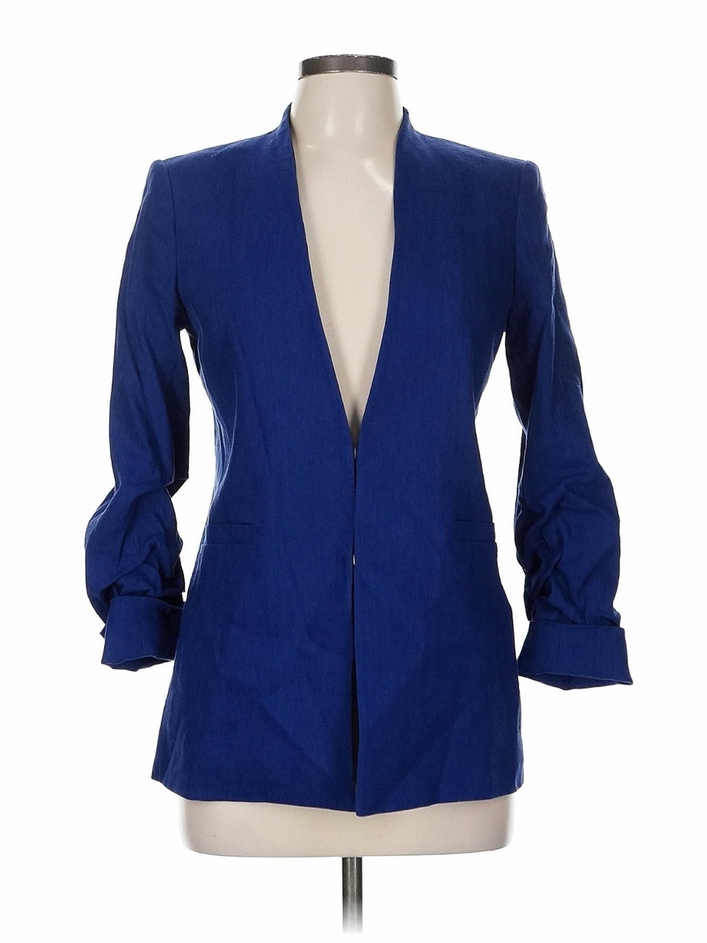 Alice + Olivia Cobalt Blue Linen Blend Ruched Sleeve Blazer Size 8 - Picture 2 of 10